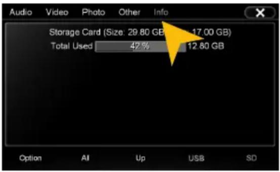 Audio Video Photo Other Info Storage Card (Size: 29.80 GB 17.00 GB) Total Used 42% 12.80 GB Option AI Up USB SD
