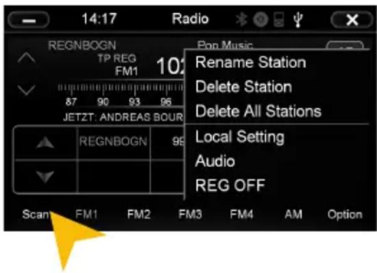 14:17 Radio REGNBOGN TP REG FM1 102 87 90 93 96 JETZT: ANDREAS BOUR RegNBOGN 99 Scan FM1 FM2 FM3 FM4 AM Option Pop Music Rename Station Delete Station Delete All Stations Local Setting Audio REG OFF