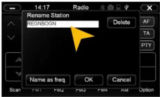 14:17 Radio Rename Station REGNBOGN Delete AF TA PTY Name as freq. OK Cancel Scan FMI FMI PM3 PM4 AM Option