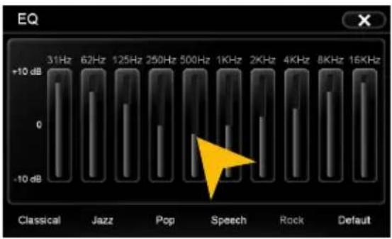 EQ +10 dB 31Hz 62Hz 125Hz 250Hz 500Hz 1KHz 2KHz 4KHz 8KHz 16KHz 0 -10 dB Classical Jazz Pop Speech Rock Default