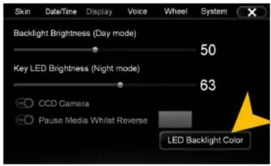 Skin Date/Time Display Voice Wheel System Backlight Brightness (Day mode) 50 Key LED Brightness (Night mode) 63 CCD Camera Pause Media Whilst Reverse LED Backlight Color