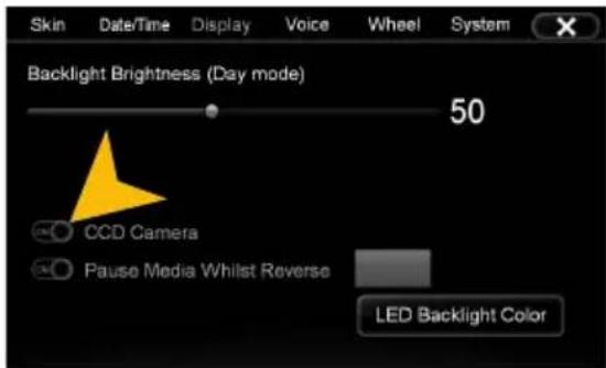 Skin Date/Time Display Voice Wheel System Backlight Brightness (Day mode) 50 CCD Camera Pause Media Whilst Reverse LED Backlight Color