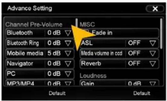 Advance Setting Channel Pre-Volume Bluetooth 0 dB Bluetooth Ring 0 dB Mobile media 5 dB Navigator 0 dB PC 0 dB MP3/MP4 0 dB MISC Fade in ASL OFF Media volume in ccd OFF Reverb OFF Loudness Gain 0 dB Default Default