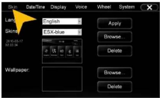 Skin Date/Time Display Voice Wheel System Lang English Skins ESX-blue 2015-03-17 02:33:34 Apply Browse... Delete Wallpaper: Browse... Delete