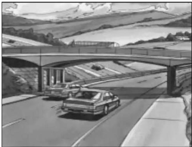 Black-and-white illustration of a highway with cars passing under an overpass, surrounded by hills and clouds (no text or symbols)