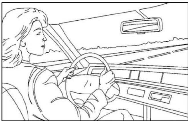 Line drawing of a person driving a car with steering wheel and dashboard (no text or symbols)