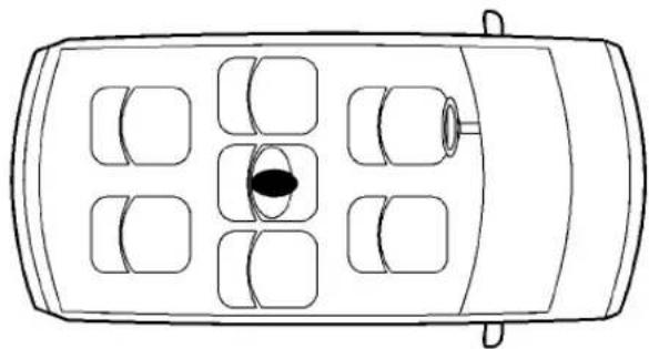 Top-down line drawing of a car with multiple windows and a central oval object (no text or symbols)