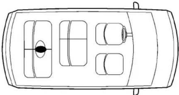 Top-down line drawing of a car interior layout with no text or symbols