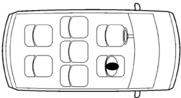 Top-down line drawing of a car with seven windows and one central oval (no text or symbols)