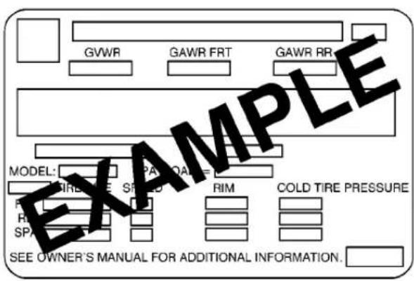 GVWR GAWR FRT GAWR RR MODEL: SPA QAA SPBQ RIM COLD TIRE PRESSURE SEE OWNER'S MANUAL FOR ADDITIONAL INFORMATION.