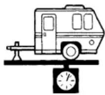 Simple line drawing of a train on a scale with a speedometer (no text or symbols)