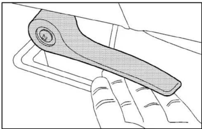 Line drawing of a hand holding a mechanical lever or grip, with no visible text or symbols