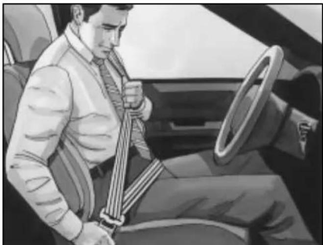 Black-and-white illustration of a man sitting in a car, wearing a seatbelt and driving a steering wheel (no text or symbols visible)