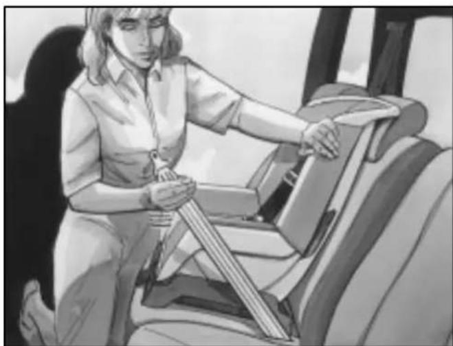 Black-and-white illustration of a person adjusting a seatbelt inside a vehicle (no text or symbols visible)