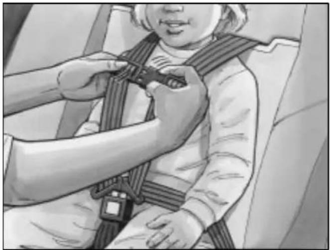 Illustration of a child wearing a car seatbelt being lifted by an adult (no text or symbols visible)