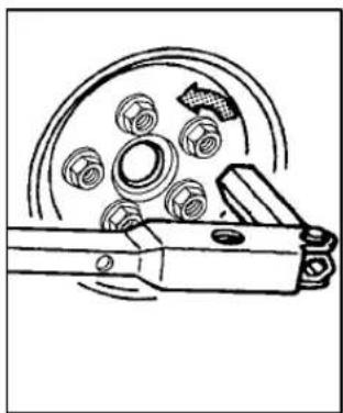 Technical line drawing of a mechanical component with bolts and a circular housing (no text or symbols)
