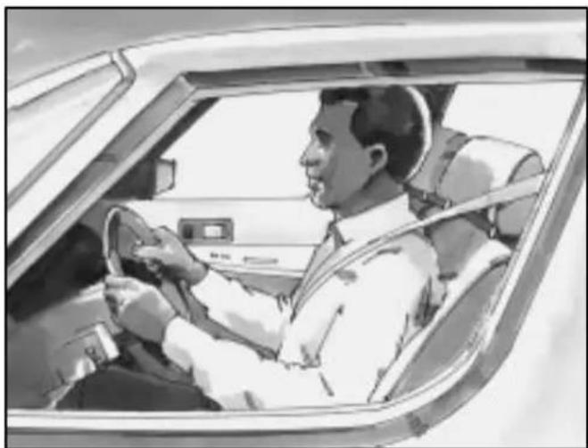 Black-and-white illustration of a man driving a car, showing steering wheel and dashboard (no text or symbols)