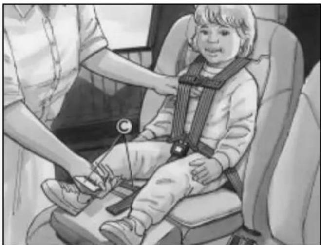 Black-and-white illustration of a child seated in a car seat, being assisted by an adult (no text or symbols visible)