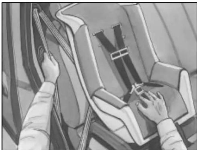 Illustration of hands installing or adjusting a vehicle's seatbelt panel (no text or symbols visible)