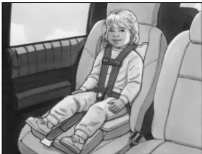 Illustration of a child wearing a car seatbelt, seated inside a vehicle (no text or symbols visible)