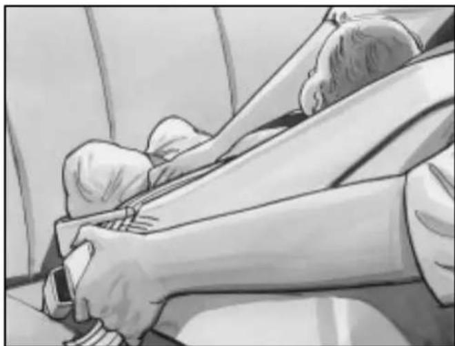 Illustration of a person's arm in a car seatbelt, showing hands and seat (no text or symbols)