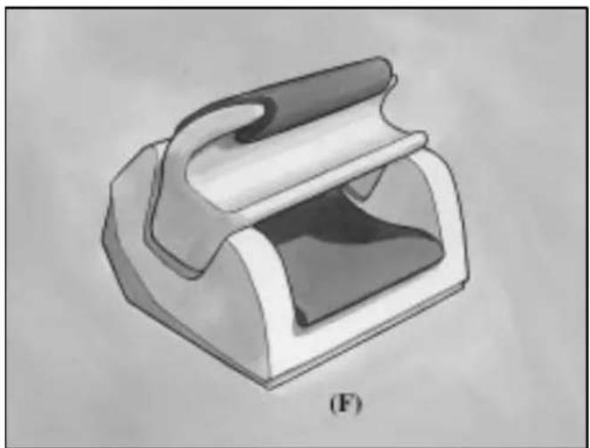 3D rendered mechanical component with a curved handle and internal cavity, labeled (F), no text or symbols present.