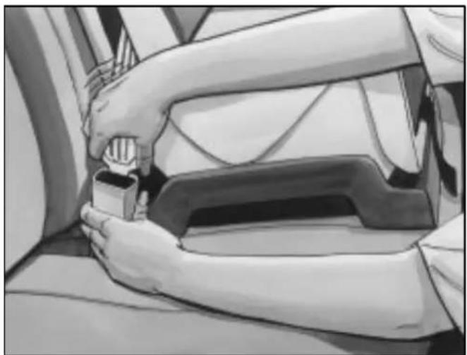 Illustration of a person's seatbelt being lifted by hand, showing mechanical components (no text or symbols)