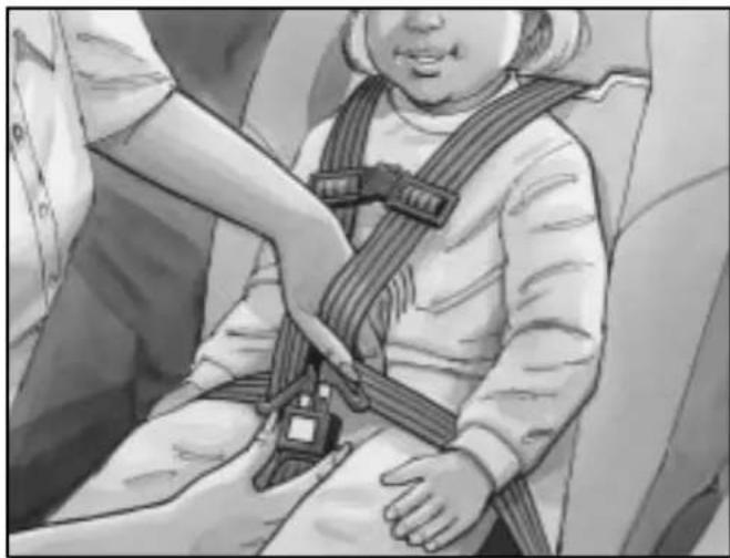 Illustration of a child wearing a car seatbelt and adjusting its seatbelt (no text or symbols visible)