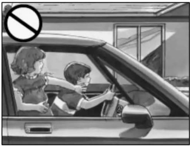 Black-and-white illustration of a car with two people, one standing and one seated, showing a stop sign (no text or symbols on the car itself)
