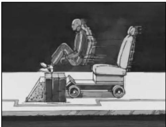 Illustration of a person sitting on a chair with a small vehicle nearby (no text or symbols)