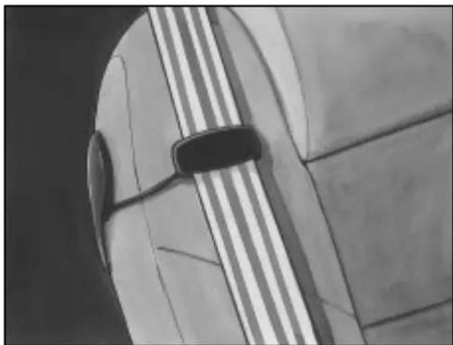 Close-up of a car's front wheel and side panel showing stripes and a dark handle (no text or symbols visible)
