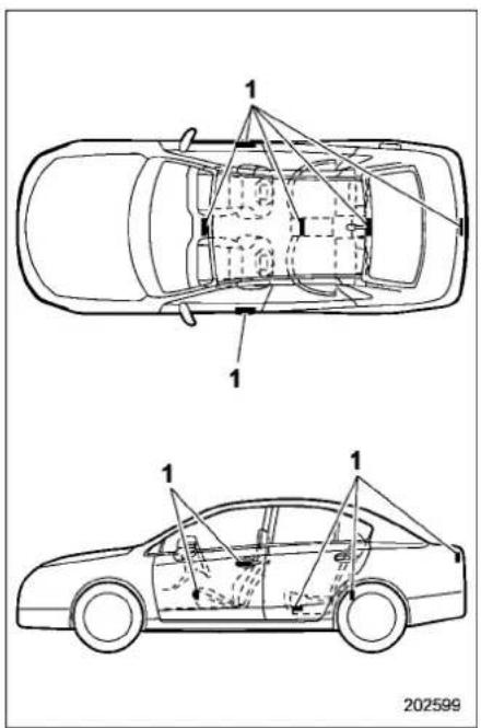 Technical diagram showing cross-sectional views of a car with labeled components and structural details