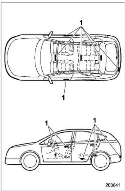 Technical diagram showing cross-sectional views of a car with labeled components and structural details