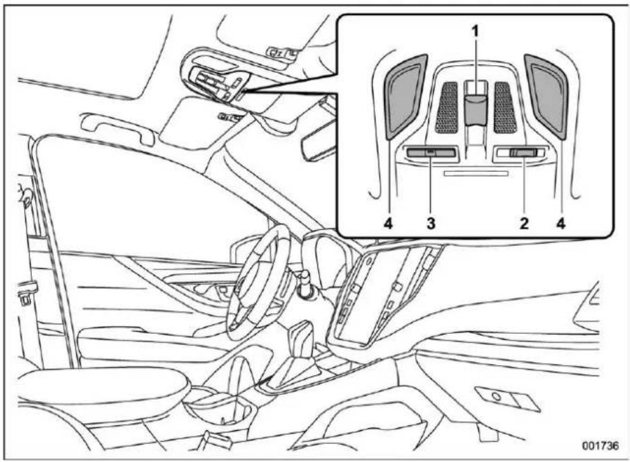 Technical diagram of a car interior with labeled parts and an inset showing the internal components of a seatbelt switch.