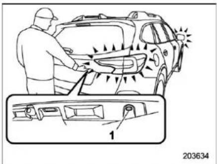 Diagram showing a person cleaning a car with directional arrows and a close-up of the dashboard panel labeled '1' (203634)
