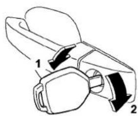 Diagram of a mechanical clamp or clip assembly with labeled parts 1 and 2, showing directional arrows indicating movement.