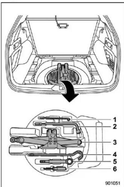 Technical diagram of a car interior with labeled parts, showing internal components and a directional arrow indicating movement.