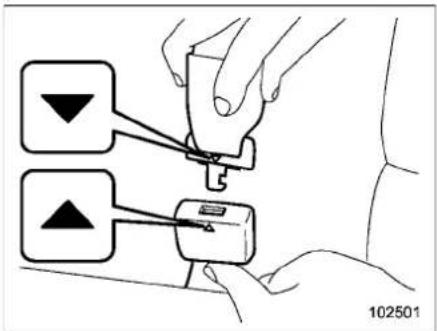Diagram showing hand positioning a device with two labeled buttons and directional arrows, likely illustrating a mechanical or electrical setup.