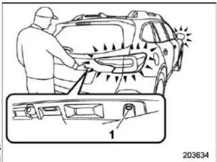 Diagram showing a person cleaning a car with directional arrows and a magnified inset highlighting the component '1'.