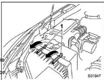 Technical diagram of a vehicle engine bay with labeled components and directional arrows indicating motion or movement.