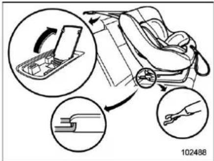 Diagram illustrating car seat assembly steps with magnified views of internal components and a close-up of the handle.