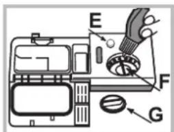 Diagram of a refrigerator interior with labeled parts E, F, G and a handle mechanism
