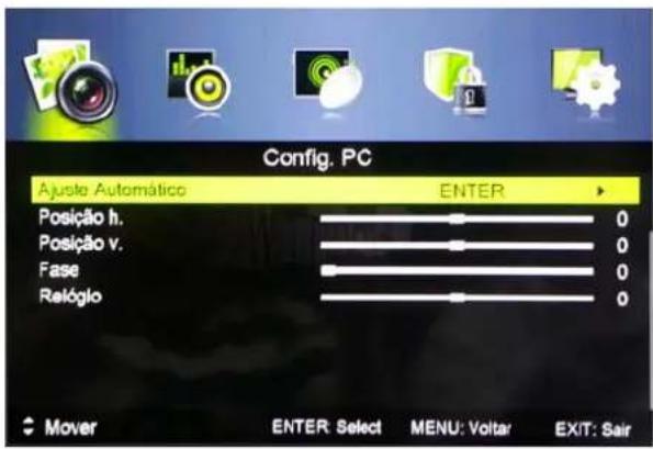 Config. PC Ajuste Automático ENTER Posição h. 0 Posição v. 0 Fase 0 Relógio 0 Mover ENTER: Select MENU: Volta EXIT: Sair
