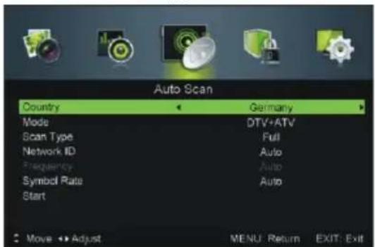 Auto Scan Country Germany Mode DTV+ATV Scan Type Full Network ID Auto Frequency Auto Symbol Rate Auto Start Move Adjust MENU: Return EXIT: Exit