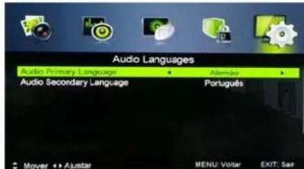 Audio Languages Audio Primary Language ← Alemão Audio Secondary Language → Português Mover ← Ajustar MENU: Votar EXIT: Sar