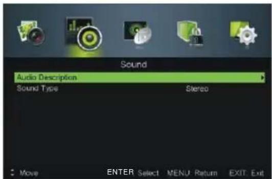 Sound Audio Description Sound Type Stereo Move ENTER Select MENU Return EXIT Exit