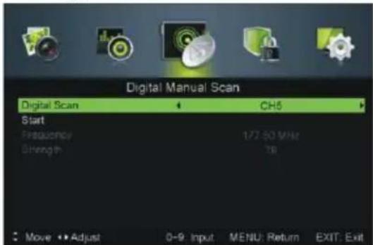 Digital Manual Scan Digital Scan CH5 Start Frequency 177.50 MHz Strength 78 Move Adjust 0-9: Input MENU: Return EXIT: Exit