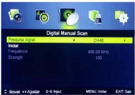 Digital Manual Scan Pesquisa digital CH48 Inclar Frequência 690.00 MHz Strength 100 Mover ↔ Ajustar 0-9 Input MENU: Voltar EXIT: Sair