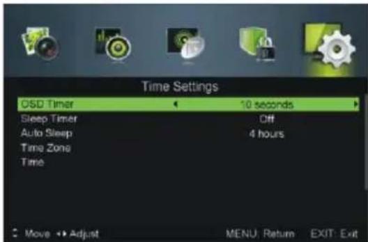 Time Settings OSD Timer 10 seconds Sleep Timer Off Auto Sleep 4 hours Time Zone Time Move Adjust MENU: Return EXIT: Exit