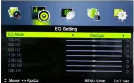 EQ Setting EQ Mode Desligar 120 Hz 0 300 Hz 0 500 Hz 0 1.2K Hz 0 3.0K Hz 0 7.5K Hz 0 10K Hz 0 Mover Ajustar MENU: VoltaR EXIT: Saar